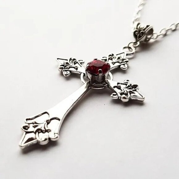 Gothic Cross Fashion Necklace with Red Jewel - Picture 4 of 7